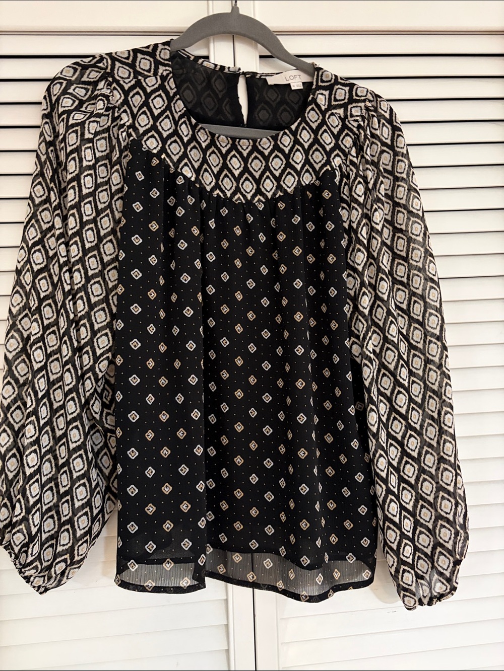 LOFT Geometric Print Mixed Media Blouse - Black & Tan - Extra Small